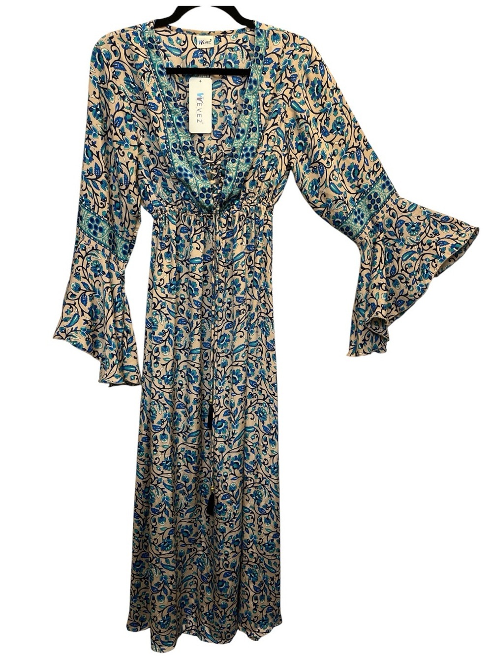 Wevez Silky print bell sleeve lace up front dress w/ tassels  elastic waist NWT